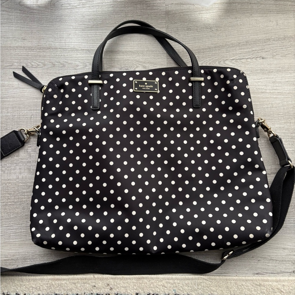 Kate Spade Laptop Bag Crossbody Nylon Calista Black White Polka Dots Work Tote